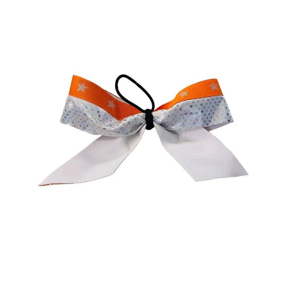 Girls Oversize Hair Bow 8" Elastic Ponytail Silver Orange Star Print - Picture 14 of 16